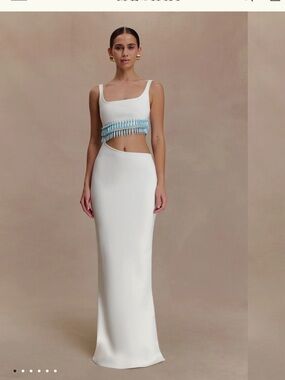 Meshki White Maxi Dress with Light Blue Tassel Trim SOLD OUT ONLINE